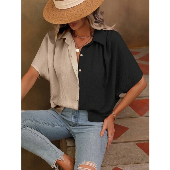 Loose Fitting Color Block 2 Tone Button Up Down Shirt Batwing Sleeve - Picture 6 of 7